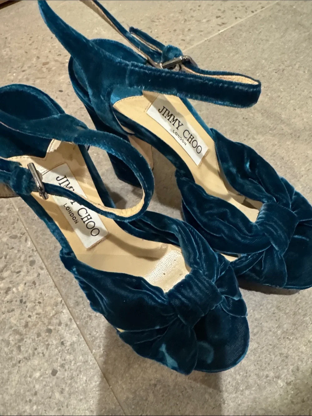 Jimmy Choo Teal Velvet Knot Platform Sandals